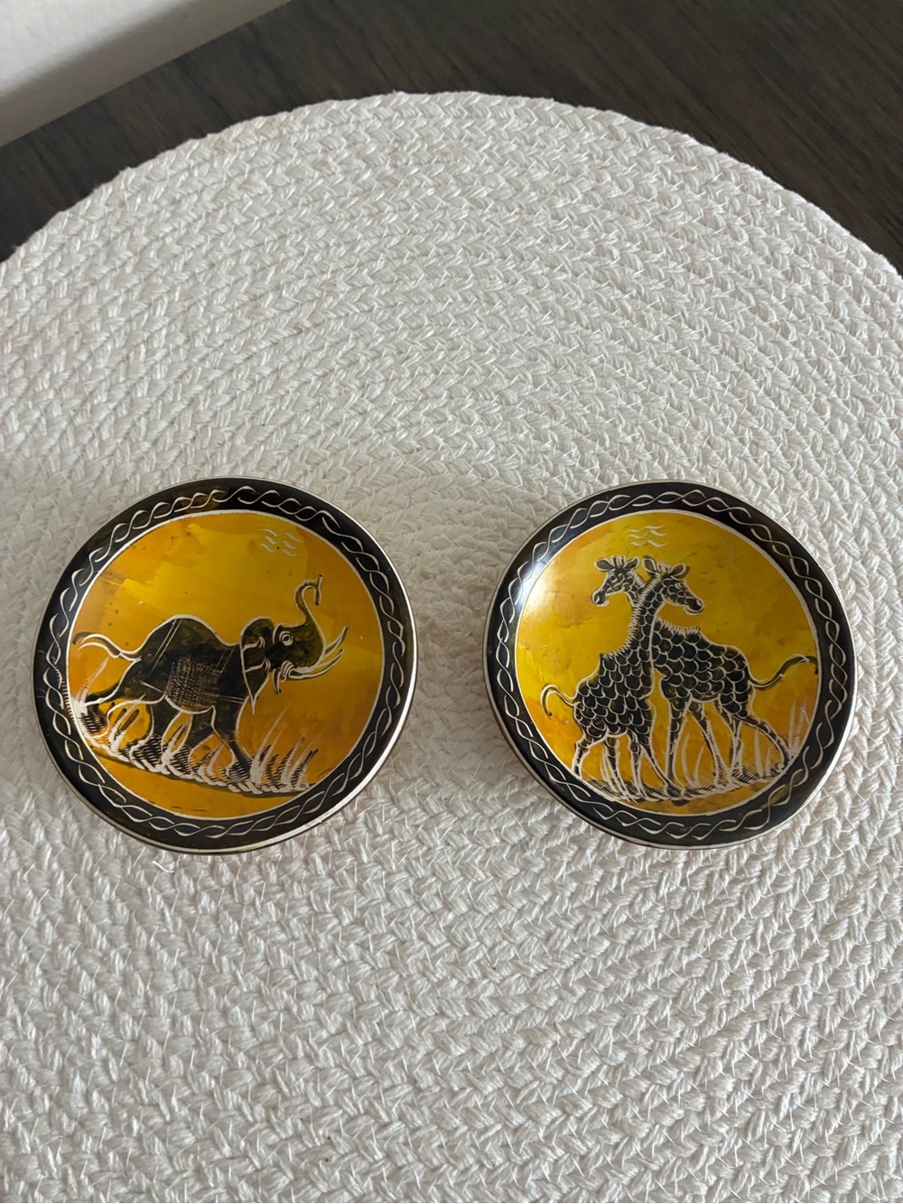 Pair Small Hand Carved Etched Painted Soap Stone Bowls African Elephant & Rhino